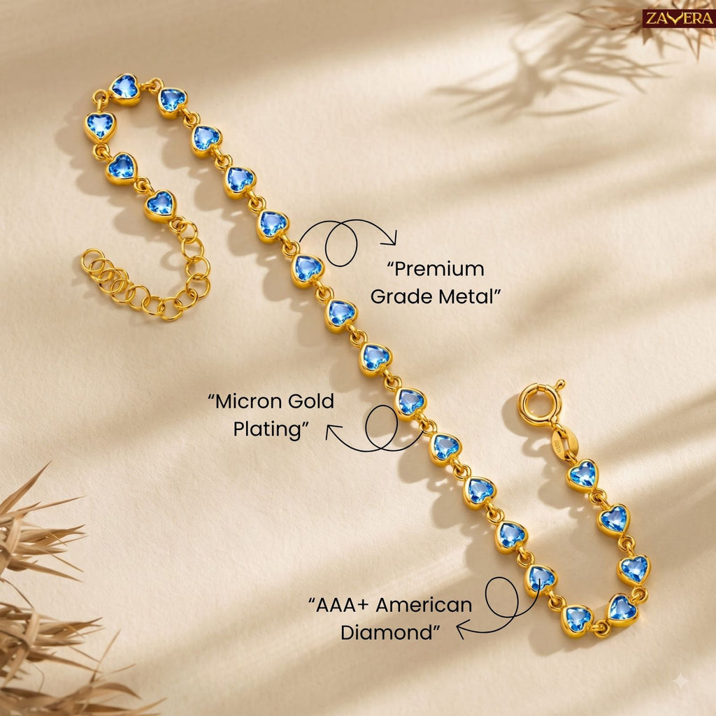 Zavera Gold Plated Blue Heart American Diamond Bracelet for Women