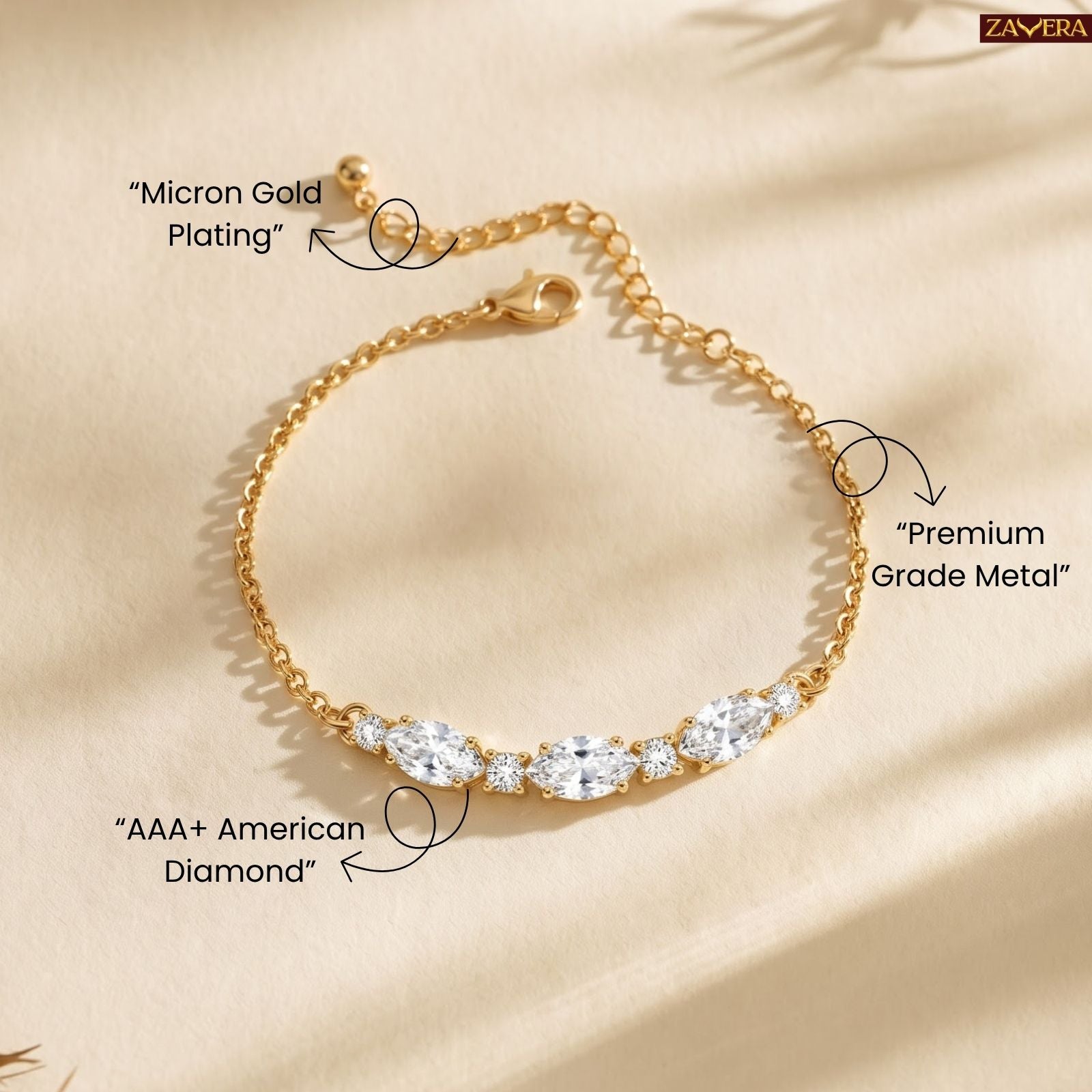 Zavera Gold Plated Dazzling Oval Cut American Diamond Bracelet for Women