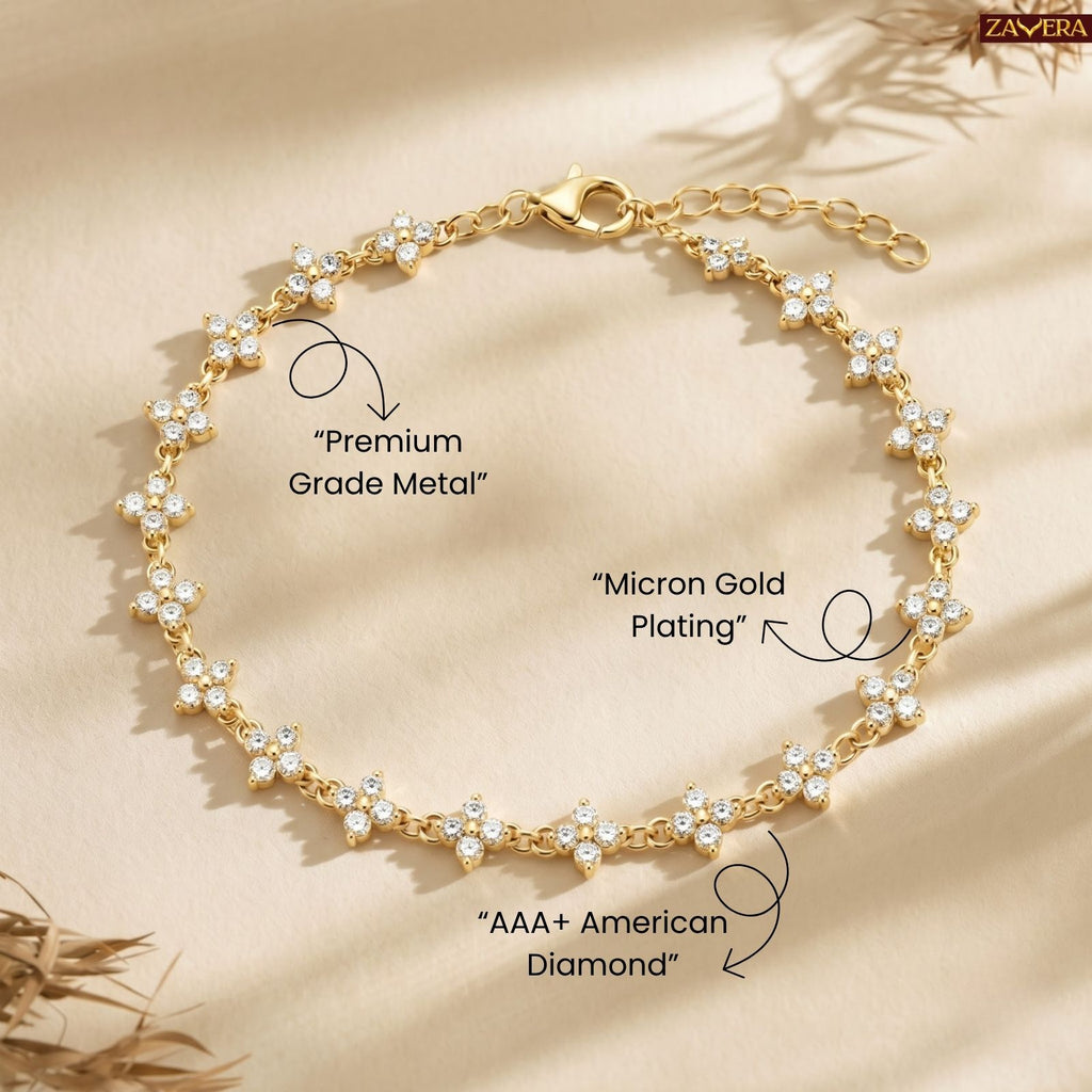 Zavera Gold Plated Floral American Diamond Bracelet for Women