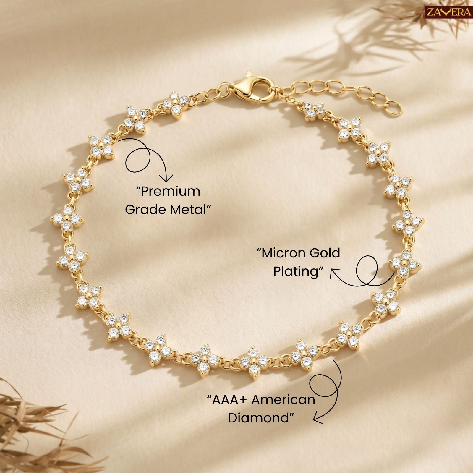Zavera Gold Plated Floral American Diamond Bracelet for Women