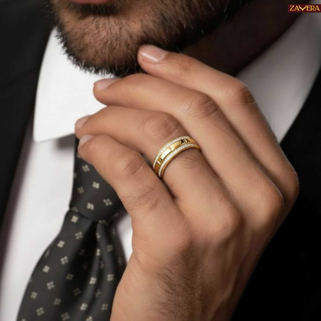 Zavera Gold Plated Interlock Twist Crystal Adjustable Men's  Ring