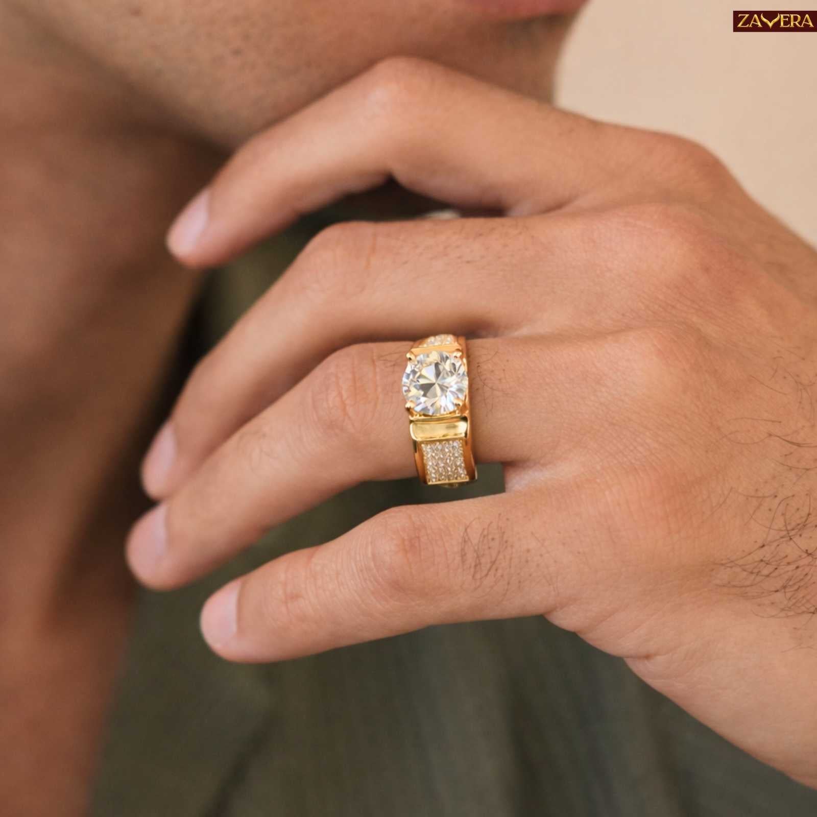 Zavera Gold Plated Bold Solitaire Men's Adjustable Ring