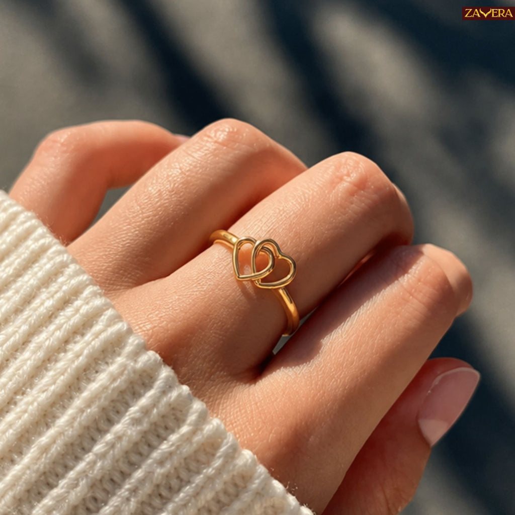 Zavera Brass 22K Elegant Double Heart Love Gold Plated Adjustable Ring For Women