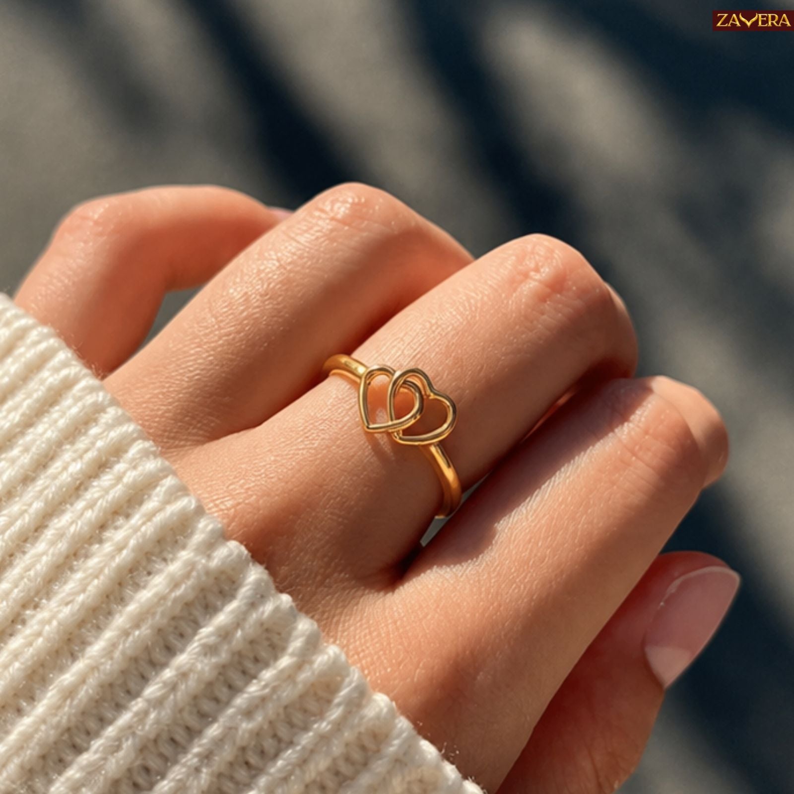 Zavera Brass 22K Elegant Double Heart Love Gold Plated Adjustable Ring For Women