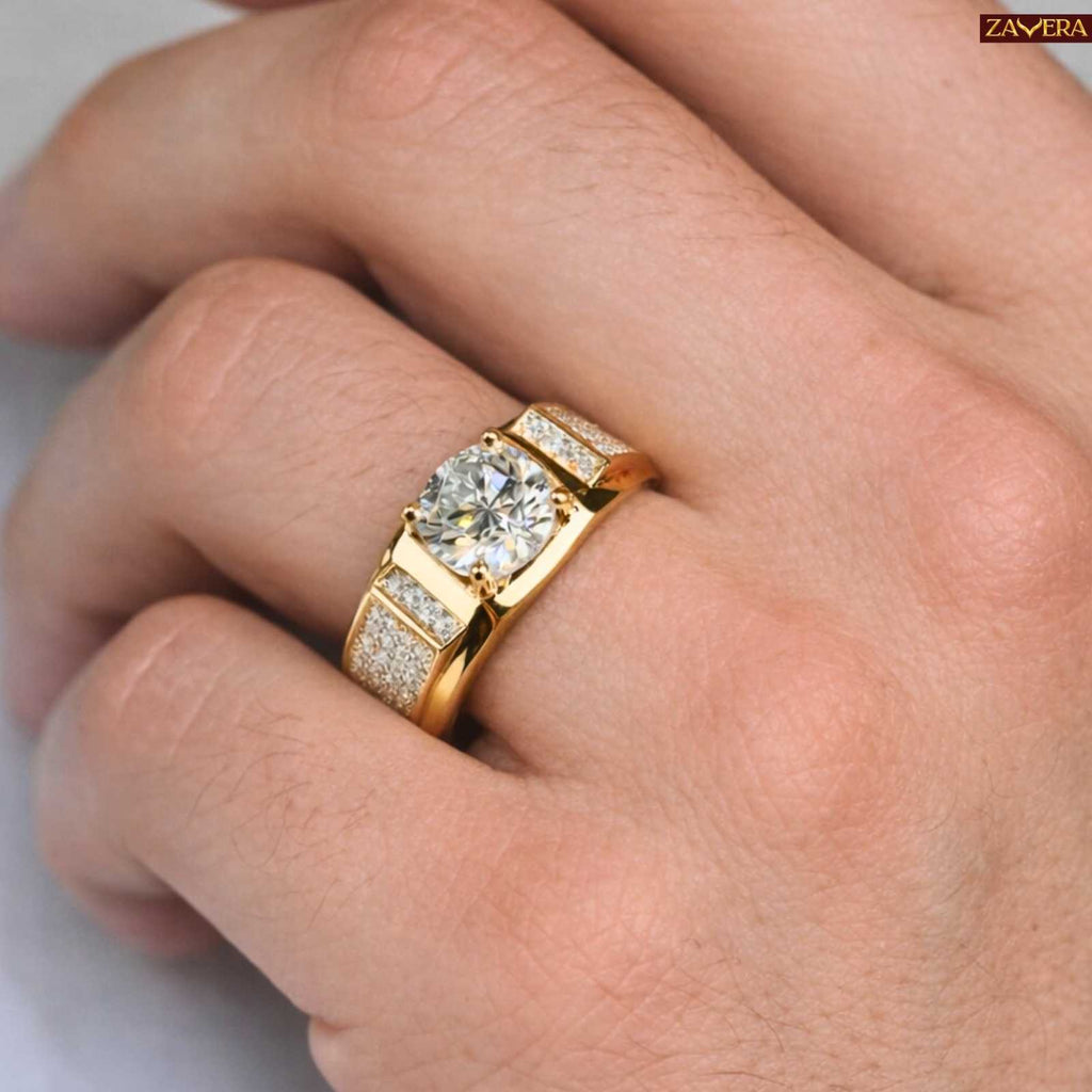 Zavera Gold Plated Bold Solitaire Men's Adjustable Ring