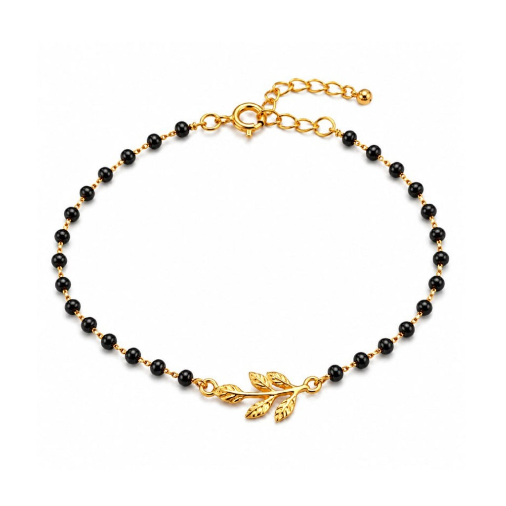 Zavera Gold Plated Black Bead Leaf Charm Bracelet for Women