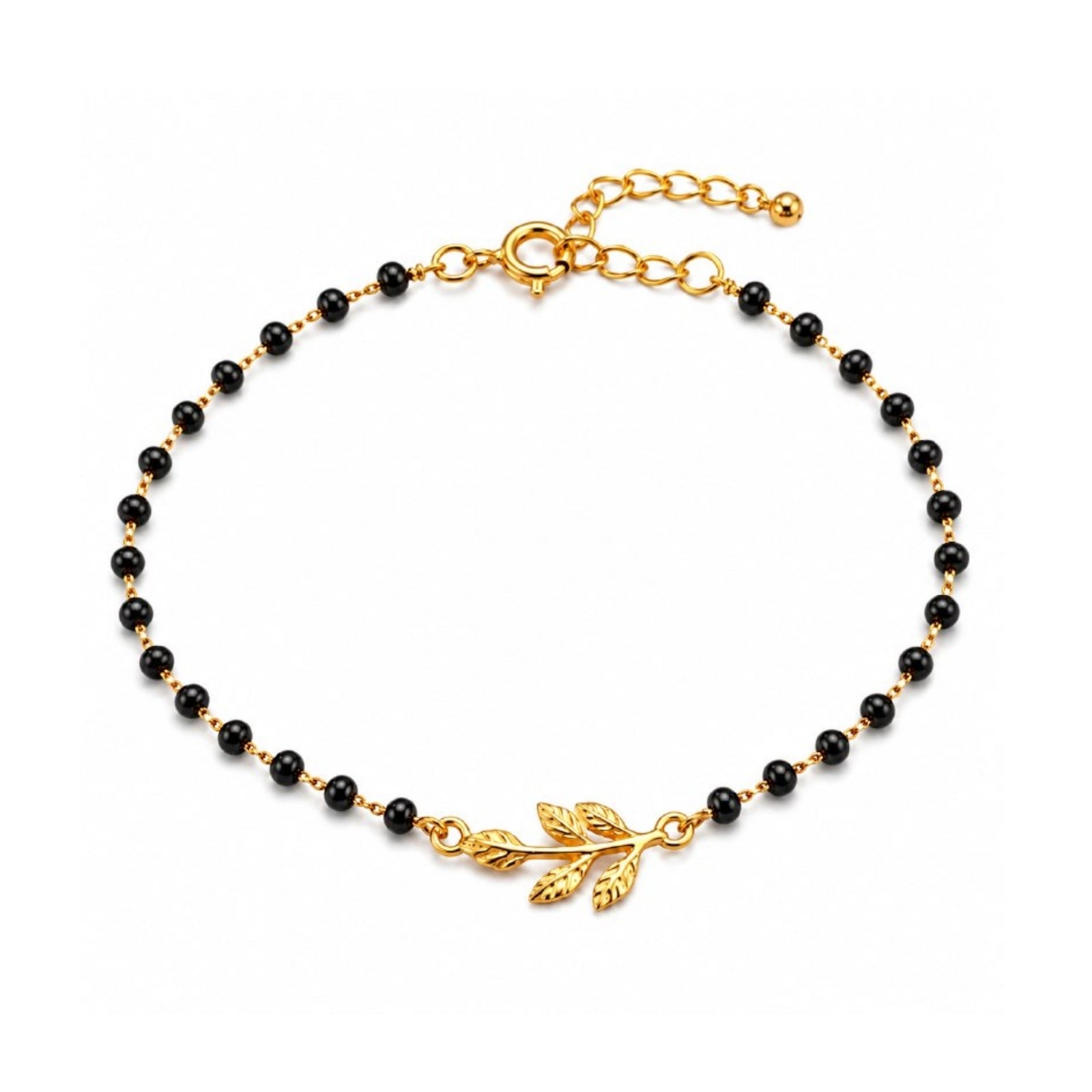 Zavera Gold Plated Black Bead Leaf Charm Bracelet for Women