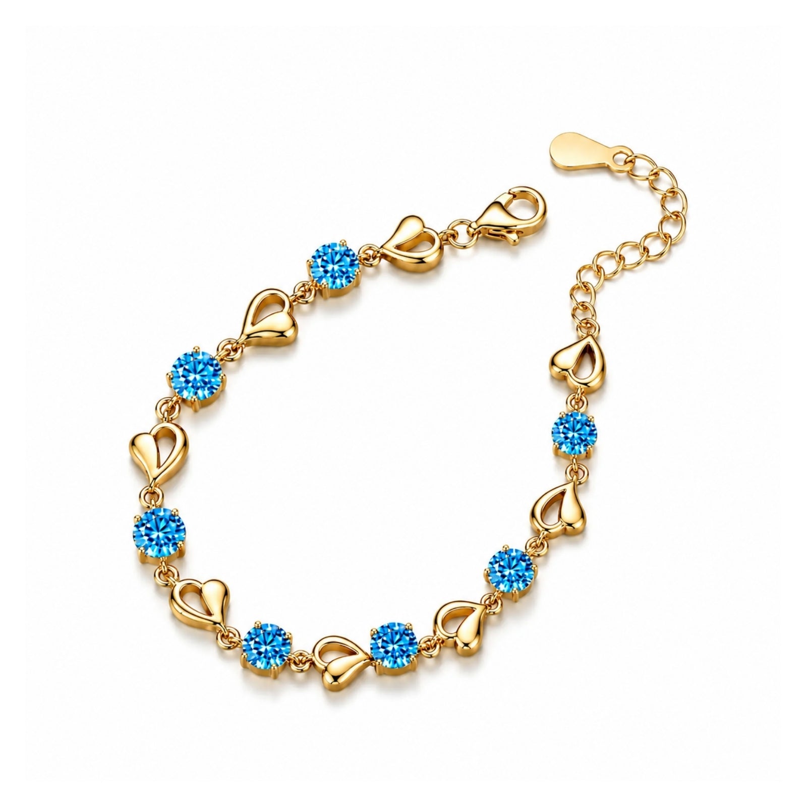 Zavera Gold Plated Aquamarine Blue CZ Heart Link Chain Bracelet for Women