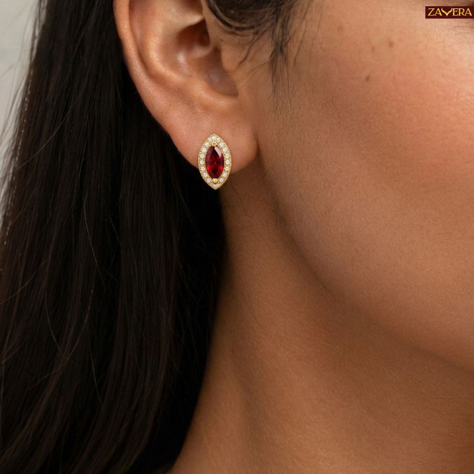 Zavera Gold Plated Ruby Red Marquise Pendant & Earrings Set For Women