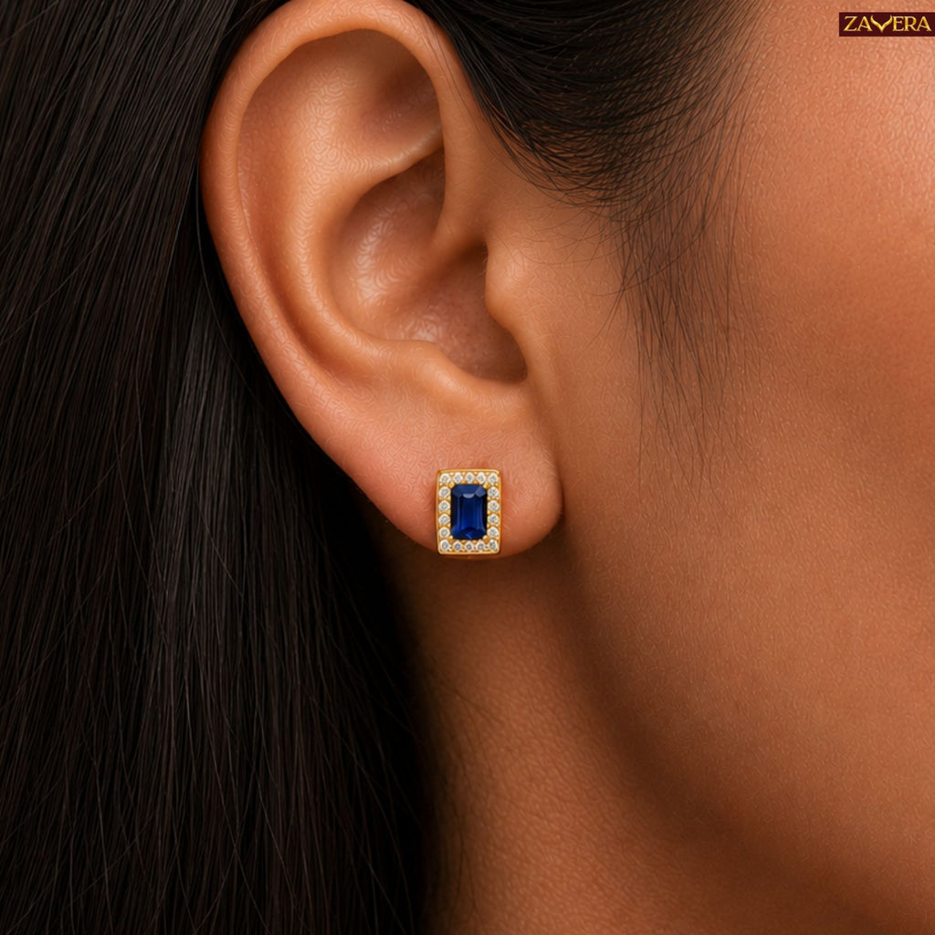 Zavera Rectangular Blue Crystal Halo Pendant Necklace and Earring Set for Women