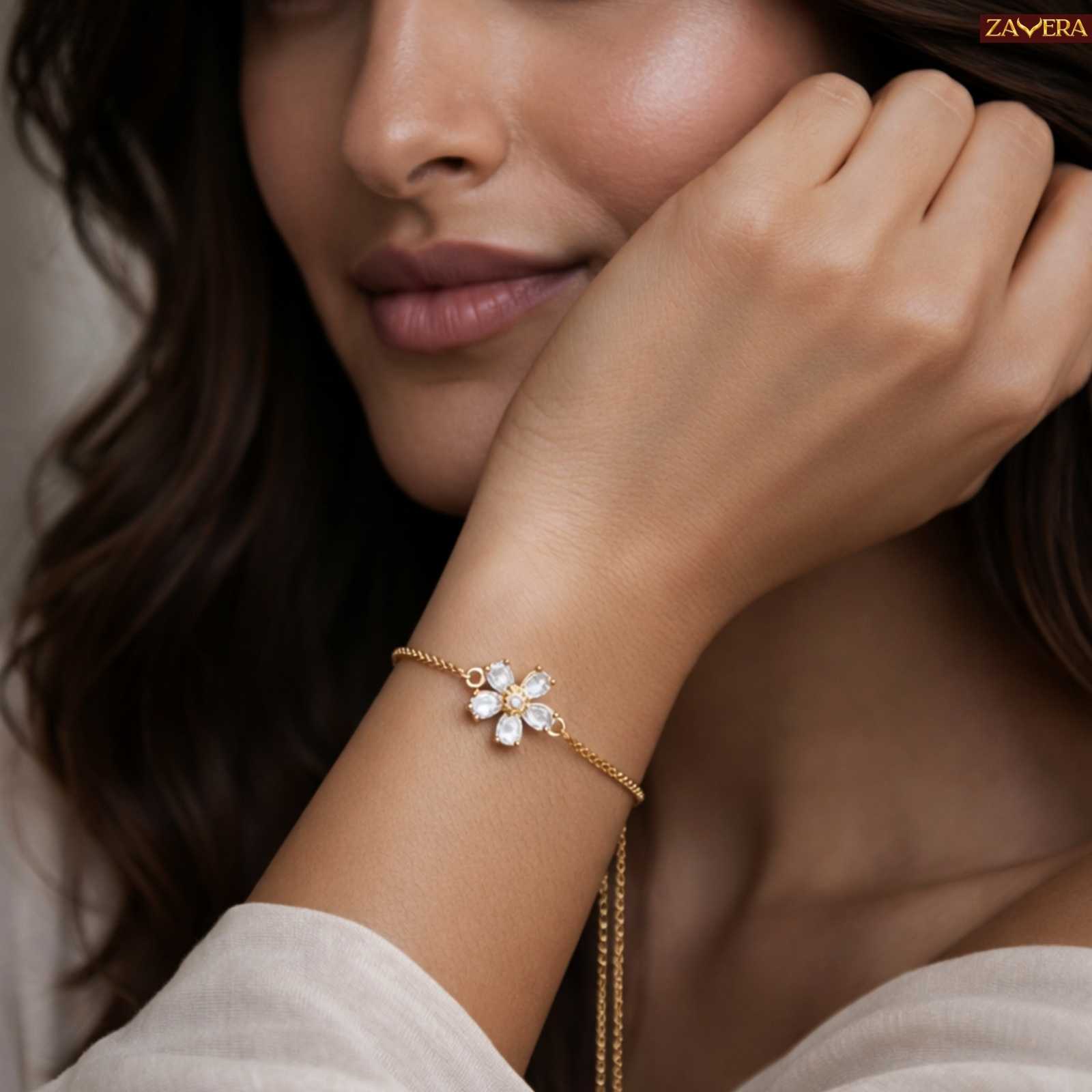 Flower Charm Gold Plated Bracelet For Women