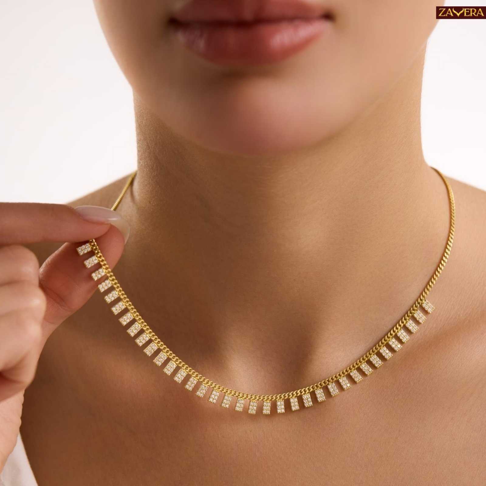 Rectangular Zircon Stones Gold Plated Necklace