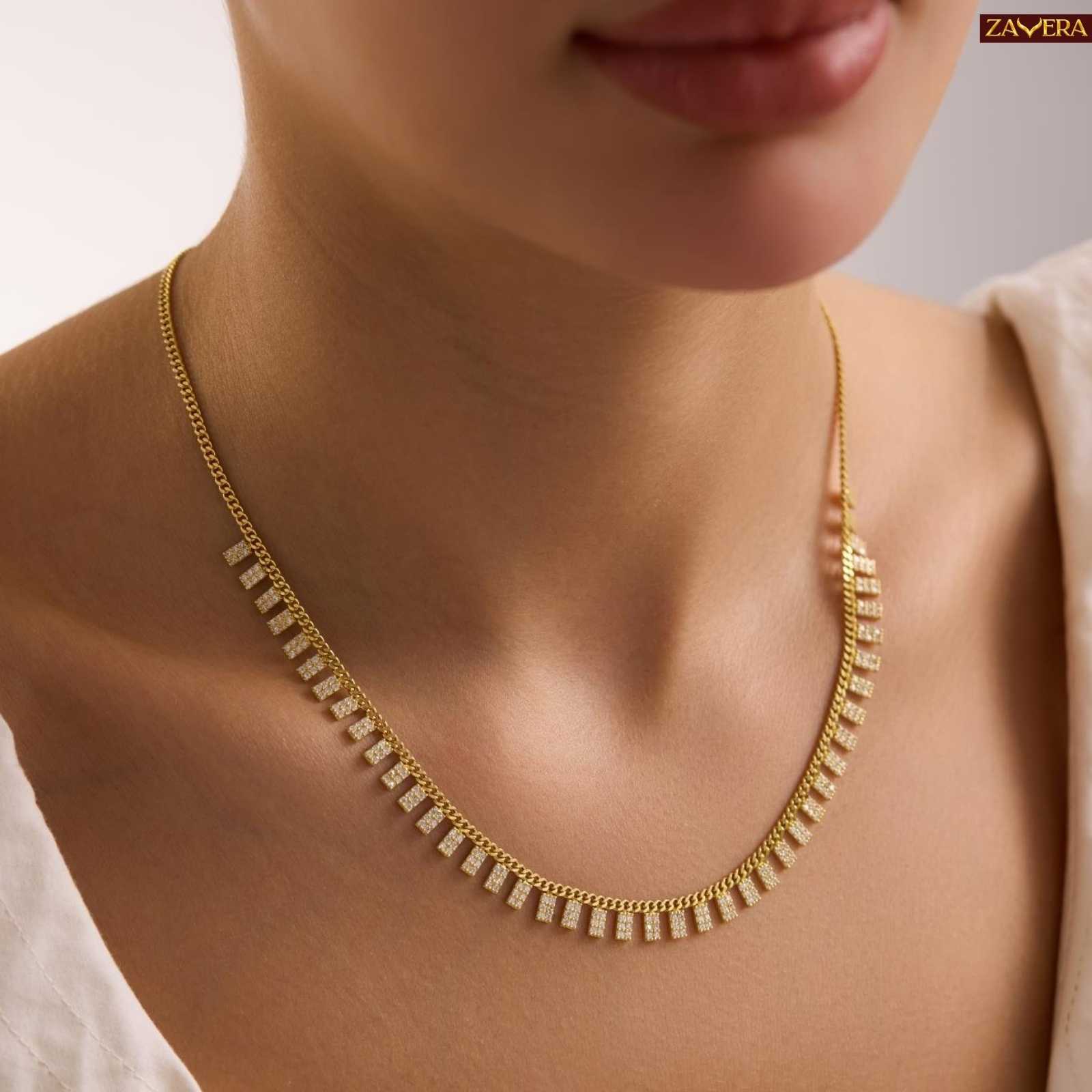 Rectangular Zircon Stones Gold Plated Necklace