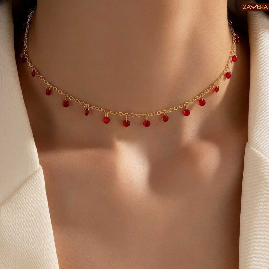Red Beaded Gold Plated Necklace For Women