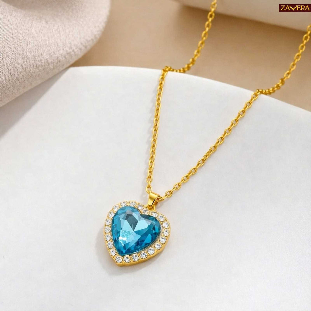 Zavera Gold Plated Blue Heart Crystal Pendant
